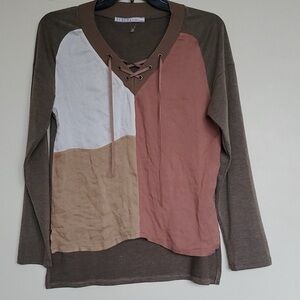 Coco  tashi color block lace tie shirt